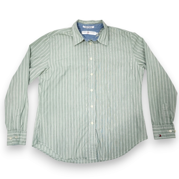 Vintage Tops - Vintage Tommy Hilfiger Green White Striped Button-Down Shirt Size Medium